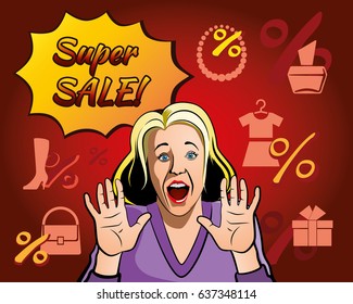 Design for poster with a surprised happy woman.
Surprised excited happy screaming woman . Symbols of sale, discounts. Vector illustration.