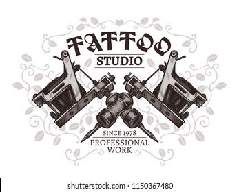 Design of poster for tattoo studio with two crossed tattoo machines in hand drawn engraving style