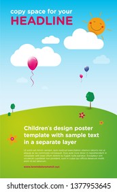 Children’s design poster template with abstract summer landscape and copy space for your text. Sample text in separate layer. Vector illustration.
