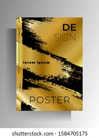 Design poster template with golden brush strokes. Hand-drawn illustration on a black background. EPS 10 vector