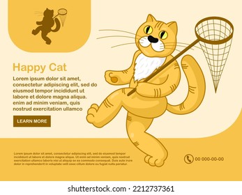 Design for a poster or template web page for a pet products store. Happy cat comes with a net. Vector flat illustration.	