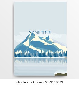 Design poster. Winter pine forest on the shore of the frozen lake on the background of snowy mountains. Vector.