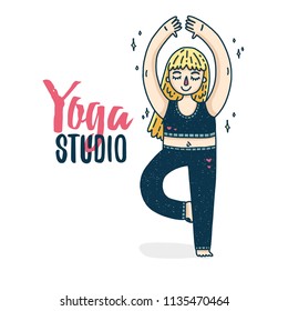 Design of a poster with a young blonde girl for a yoga studio. Plus-size woman in tree pose sports. A motivating poster for yoga. Print with a cartoon character with logo yoga studio. Vector
