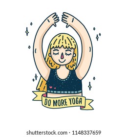 Design of a poster with a young blonde girl for a yoga studio. Plus-size woman in tree pose sports. A motivating poster for yoga. Print with a cartoon character. Vector