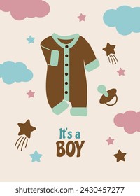 Design of posters, cards for the occasion of the birth of a baby. Baby overalls and pacifier, clouds and stars in the background. Caption It's a boy