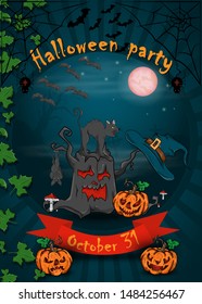 design posters for decoration of the holiday all Hallows eve, Halloween party, scary tree stump with a cat vector EPS 10