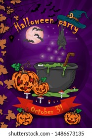 design posters for decoration of the holiday all Hallows eve, Halloween, cauldron of potion next to the pumpkins in the cemetery vector EPS 10