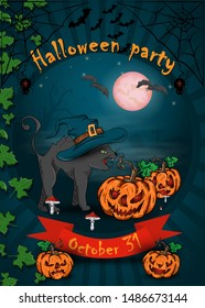 design posters for decoration of the holiday all Hallows eve, Halloween, the evil cat in witch hat with pumpkins next to the cemetery vector EPS 10