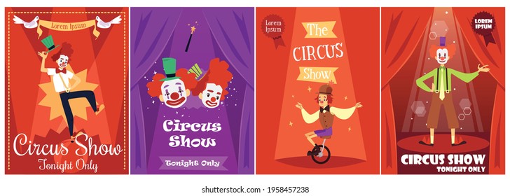 Design posters for fun circus show, festival or entertainment performance with funny clowns. Set of flat cartoon vector illustrations.