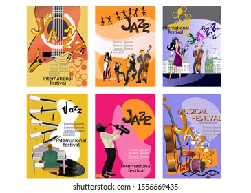 Design of  posters with musicians and musical instruments for jazz festival. Hand drawn vector illustrations.