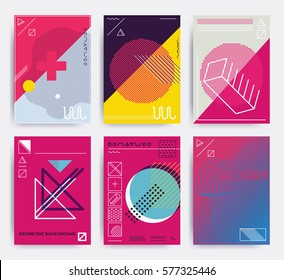 Design posters set. Bright vector illustrations with geometric elements, memphis figure for interior, website banner template, social media, email, print, ads, promotional material