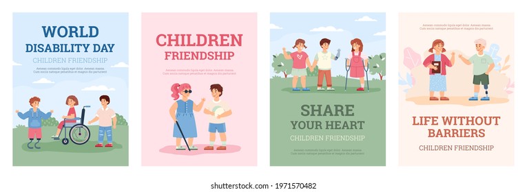 Design posters for world disability day. Disabled girls and boys, handicapped kids with wheelchair and prosthetics and friends helping them. Vector flat illustrations with text.