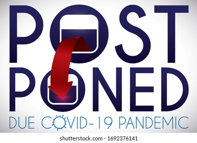 Diseño con mensaje "pospuesto" con calendarios y flecha, promocionando para cambiar las fechas de los eventos durante la pandemia COVID-19.