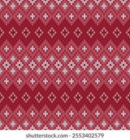 The design is predominantly red, featuring a repeating arrangement of diamond shapes and snowflake-like motifs in white and beige