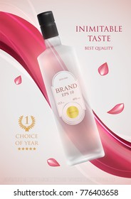 Design premium ads template alcohol products. Realistic 3d illustration for poster, cover, banner, card. Advertisement of cocktail, vodka, rum, tequila. Vector modern background.