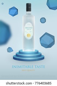 Design premium ads template alcohol products. Realistic 3d illustration for poster, cover, banner, card. Advertisement of cocktail, vodka, rum, tequila. Vector modern background.