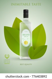 Design premium ads template alcohol products. Realistic 3d illustration for poster, cover, banner, card. Advertisement of cocktail, vodka, rum, tequila. Vector modern background.
