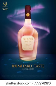 Design premium ads template alcohol products. Realistic 3d illustration for branding poster, cover, banner, card. Advertisement of cocktail, cognac, whiskey, bourbon, brandy. Vector modern background.