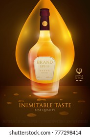 Design premium ads template alcohol products. Realistic 3d illustration for branding poster, cover, banner, card. Advertisement of cocktail, cognac, whiskey, bourbon, brandy. Vector modern background.