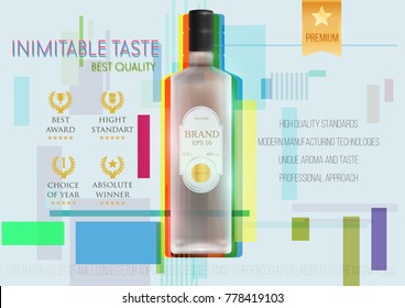 Design premium ads template alcohol products. Realistic 3d illustration for poster, cover, banner, card. Advertisement of cocktail, vodka, rum, tequila. Vector modern background.