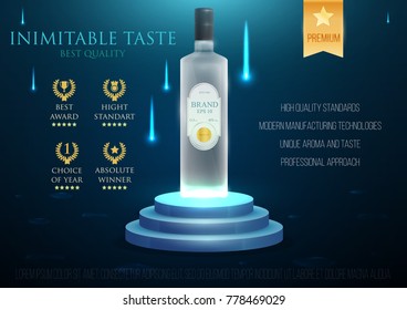 Design premium ads template alcohol products. Realistic 3d illustration for poster, cover, banner, card. Advertisement of cocktail, vodka, rum, tequila. Vector modern background.