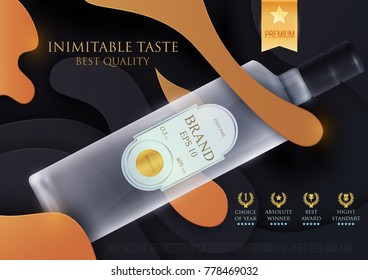 Design premium ads template alcohol products. Realistic 3d illustration for poster, cover, banner, card. Advertisement of cocktail, vodka, rum, tequila. Vector modern background.