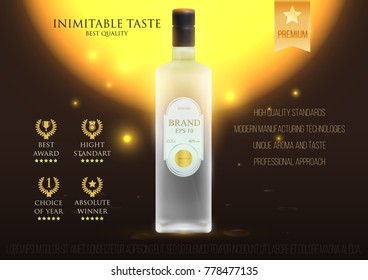 Design premium ads template alcohol products. Realistic 3d illustration for poster, cover, banner, card. Advertisement of cocktail, vodka, rum, tequila. Vector modern background.