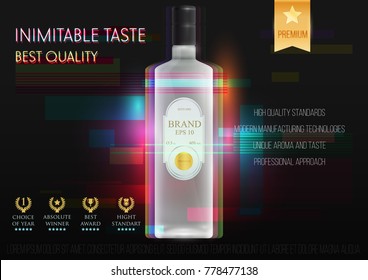Design premium ads template alcohol products. Realistic 3d illustration for poster, cover, banner, card. Advertisement of cocktail, vodka, rum, tequila. Vector modern background.