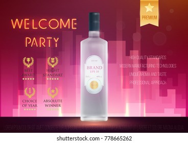 Design premium ads template alcohol products. Realistic 3d illustration for poster, cover, banner, card. Advertisement of cocktail, vodka, rum, tequila. Vector modern background.