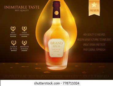 Design premium ads template alcohol products. Realistic 3d illustration for branding poster, cover, banner, card. Advertisement of cocktail, cognac, whiskey, bourbon, brandy. Vector modern background.