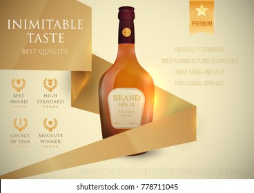 Design premium ads template alcohol products. Realistic 3d illustration for branding poster, cover, banner, card. Advertisement of cocktail, cognac, whiskey, bourbon, brandy. Vector modern background.