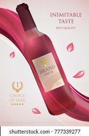 Design premium ads template wine products. Realistic 3d illustration for branding poster, cover, banner, card. Advertisement of alcohol. Vector modern background.
