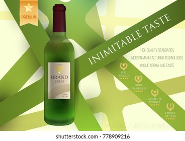 Design premium ads template wine products. Realistic 3d illustration for branding poster, cover, banner, card. Advertisement of alcohol. Vector modern background.