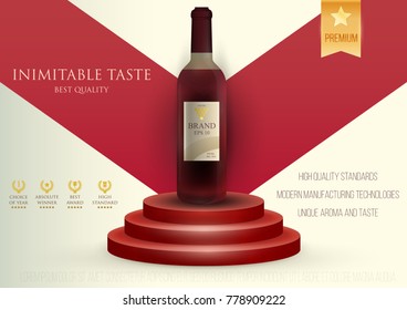 Design premium ads template wine products. Realistic 3d illustration for branding poster, cover, banner, card. Advertisement of alcohol. Vector modern background.