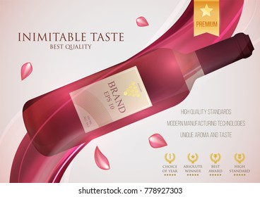 Diseñar productos de vino de plantilla para anuncios de primera calidad. Ilustración 3d realista para el afiche de marca, portada, banner, tarjeta. Publicidad de alcohol. Fondo vectorial moderno.