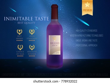 Design premium ads template wine products. Realistic 3d illustration for branding poster, cover, banner, card. Advertisement of alcohol. Vector modern background.