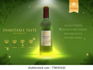 Design premium ads template wine products. Realistic 3d illustration for branding poster, cover, banner, card. Advertisement of alcohol. Vector modern background.