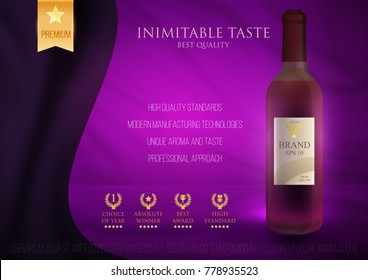 Design premium ads template wine products. Realistic 3d illustration for branding poster, cover, banner, card. Advertisement of alcohol. Vector modern background.