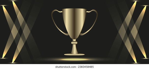 
Design of Premium Award background with 3d golden Champion cup and Spotlights. Shine overlay banner, card, poster, print. Luxury Holiday backdrop with gold bowl. Vector illustration.