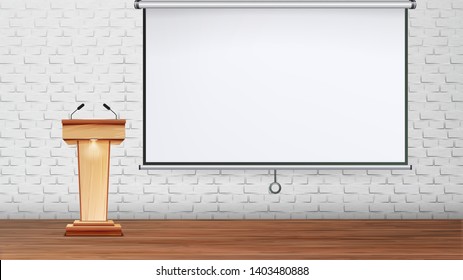 Design Presentation Or Conference Room Vector. Wooden Tribune With Microphones For Lecturer Speech For Conference And Projector Screen On Brick Wall Background. Realistic 3d Illustration