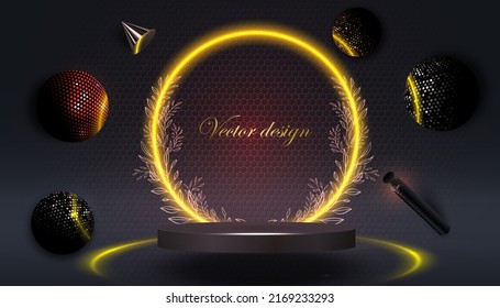 Design presentation with flying bright balls around the podium in a neon ring with a wreath of leaves. Memorable date, best product, result.