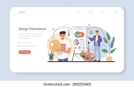 Design presentation web banner or landing page. Advert designer or graphic illustrator. Artist creating modern advertisment. Digital drawing for product design concept. Flat illustration vector