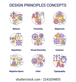 Conjunto de iconos de concepto de principios de diseño. Arte y trabajo creativo. Tendencias de contenido visual ilustraciones de color de línea delgada. Símbolos aislados. Trazo editable. Fuentes Roboto-Medium, Myriad Pro-Bold utilizadas