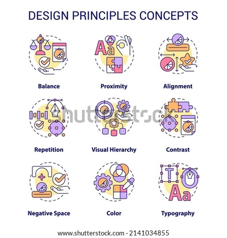 Design principles concept icons set. Art and creative work. Visual content trends idea thin line color illustrations. Isolated symbols. Editable stroke. Roboto-Medium, Myriad Pro-Bold fonts used