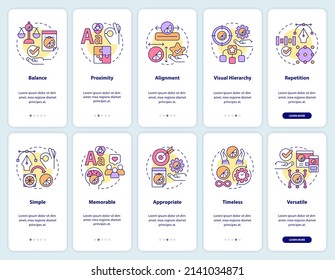 Design principles onboarding mobile app screen set. Visual content walkthrough 5 steps graphic instructions pages with linear concepts. UI, UX, GUI template. Myriad Pro-Bold, Regular fonts used