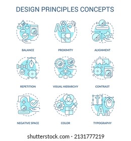 Principios de diseño conjunto de iconos de concepto turquesa. Obra de arte. Tendencias de contenido visual ilustraciones de color de línea delgada. Símbolos aislados. Trazo editable. Fuentes Roboto-Medium, Myriad Pro-Bold utilizadas