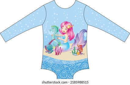 Design for print of beachwear or poolwear. Childish girl. Illustration of a mermaid princess with red hair swimming with the fish under the sea among seashells