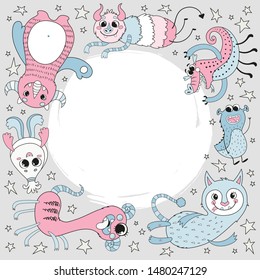 Design for print, cute cartoon monsters on a gray background with place for text. Vector illustration in pastel colors with a text frame.