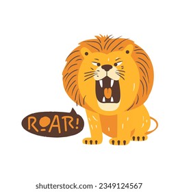 Design print of a cute funny lion. Nursery print with wild cat and lettering quote roar. Vector illustration isolated on white background. For birthday invitation, baby shower, card, poster, clothing.