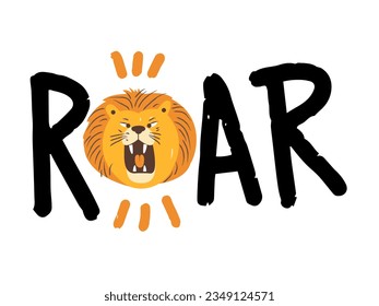 Design print of a cute funny lion. Nursery print with wild cat and lettering quote roar. Vector illustration isolated on white background. For birthday invitation, baby shower, card, poster, clothing.